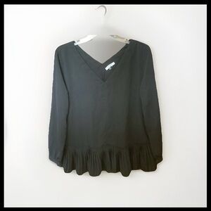 Sioni Medium Black V-Neck Blouse with Ruffled Hem